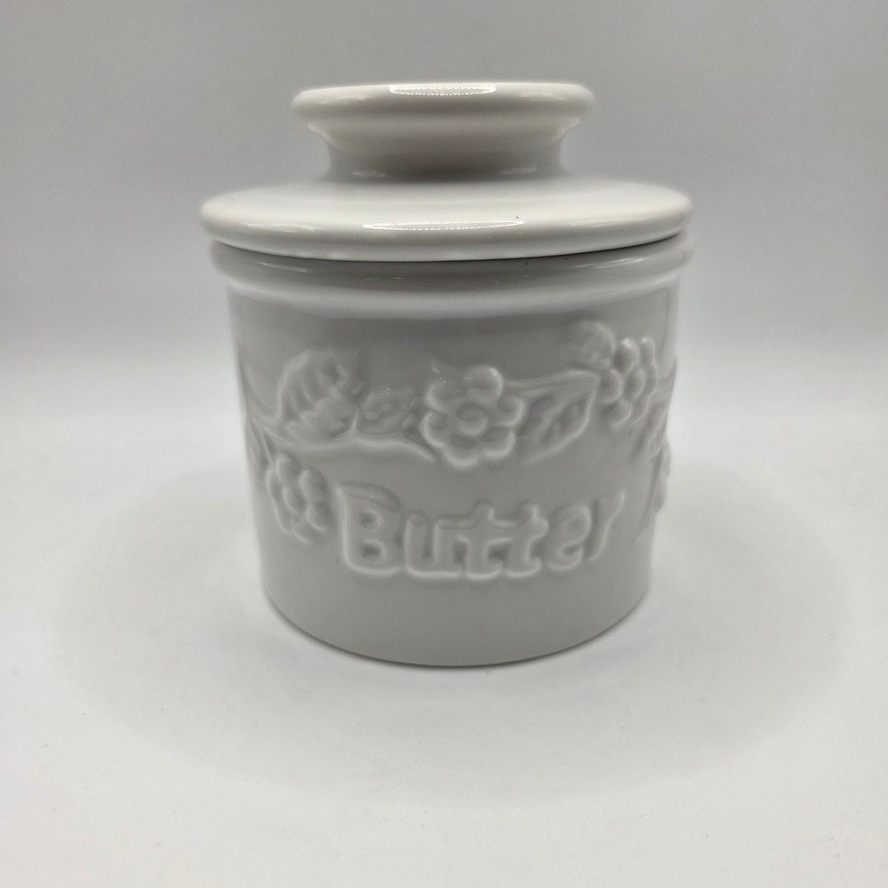 Butter Bell L Tremain White‎ Ceramic French Butter Crock Floral Embossed 2000